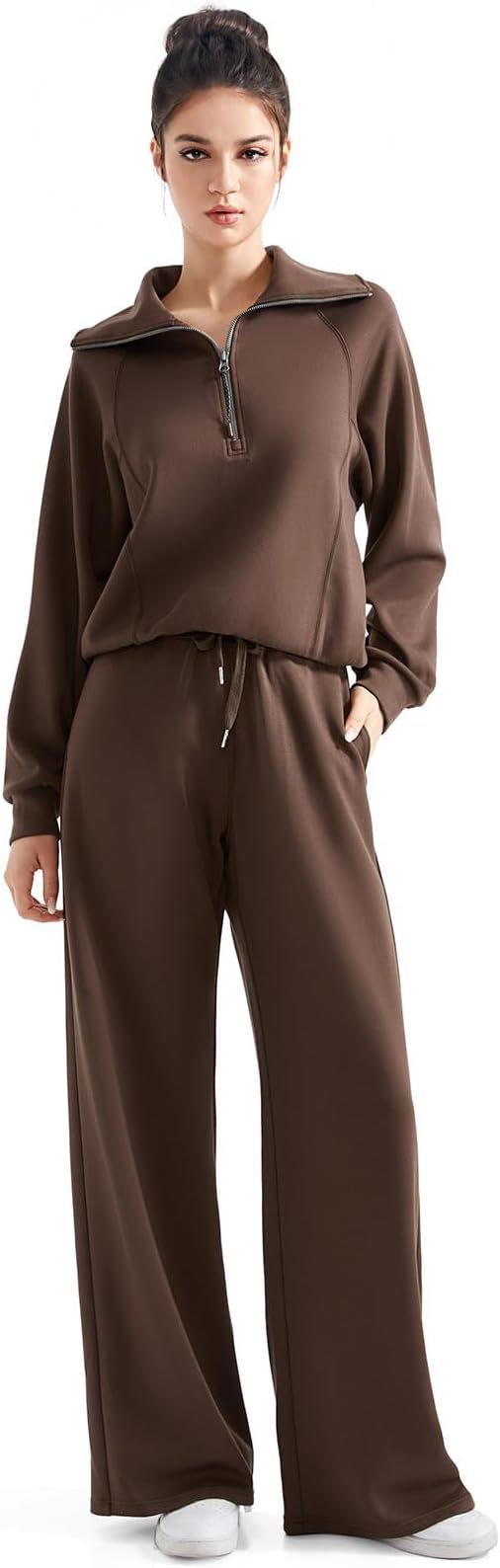 SUUKSESS Women 2 Piece Lounge Matching Set Wide Leg Sweatpant Half Zip Sweatshirt | Amazon (US)