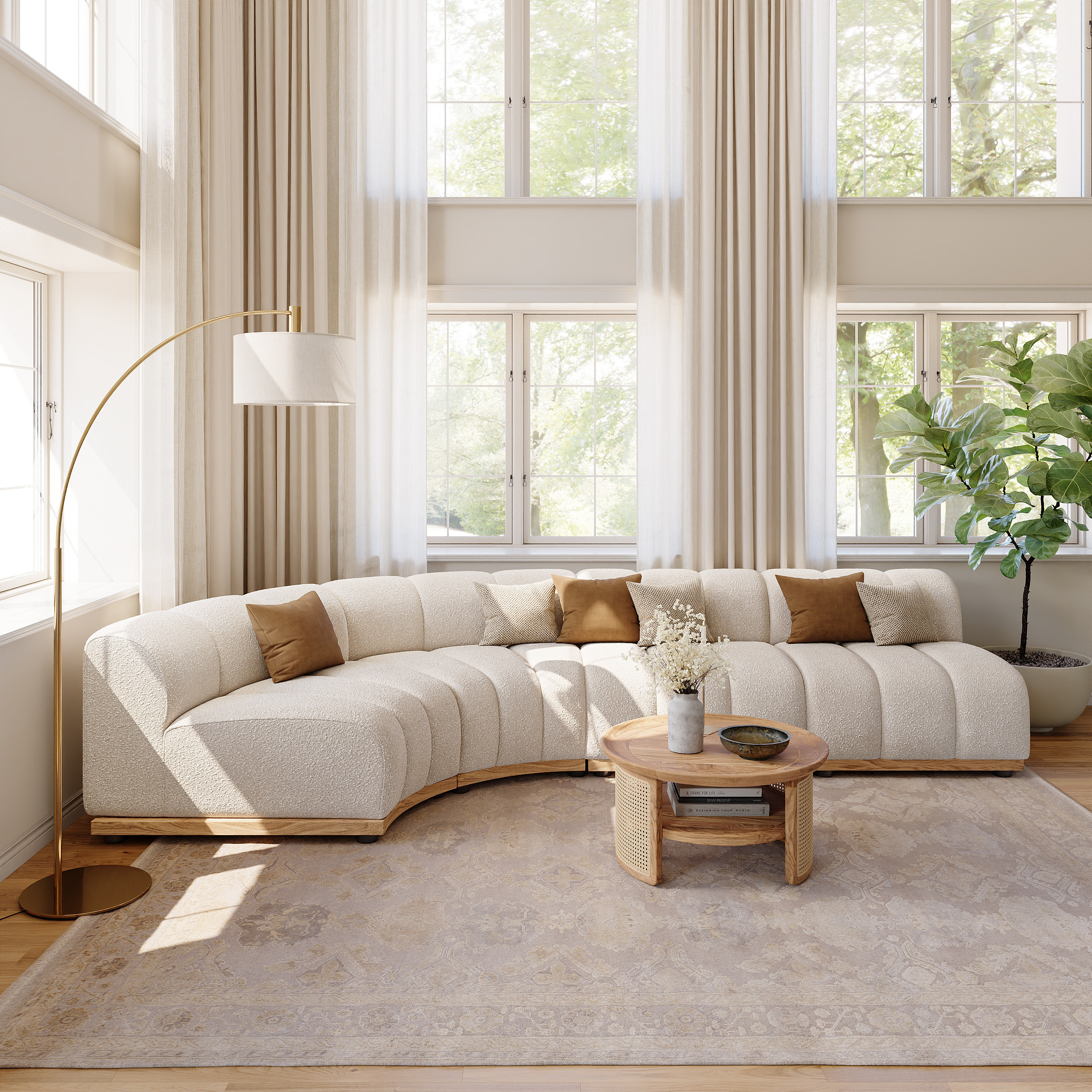 140"" Spill-Resistant Curved Modular Sectional Sofa 4 Pieces Performance Boucle White Sectional Couch | Homary