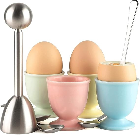 Ceramic Egg Cup Egg Cracker Topper Set for Soft Hard Boiled Eggs Shell Removal Includes 1 Egg Cut... | Amazon (US)