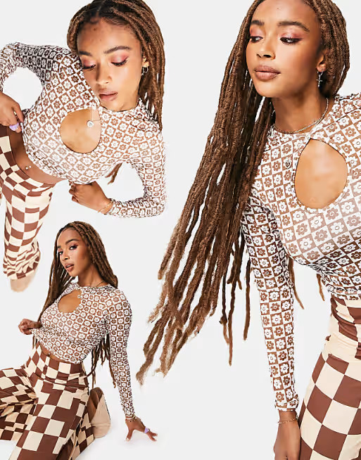 ASOS DESIGN fitted top with key hole in brown floral checkerboard | ASOS (Global)