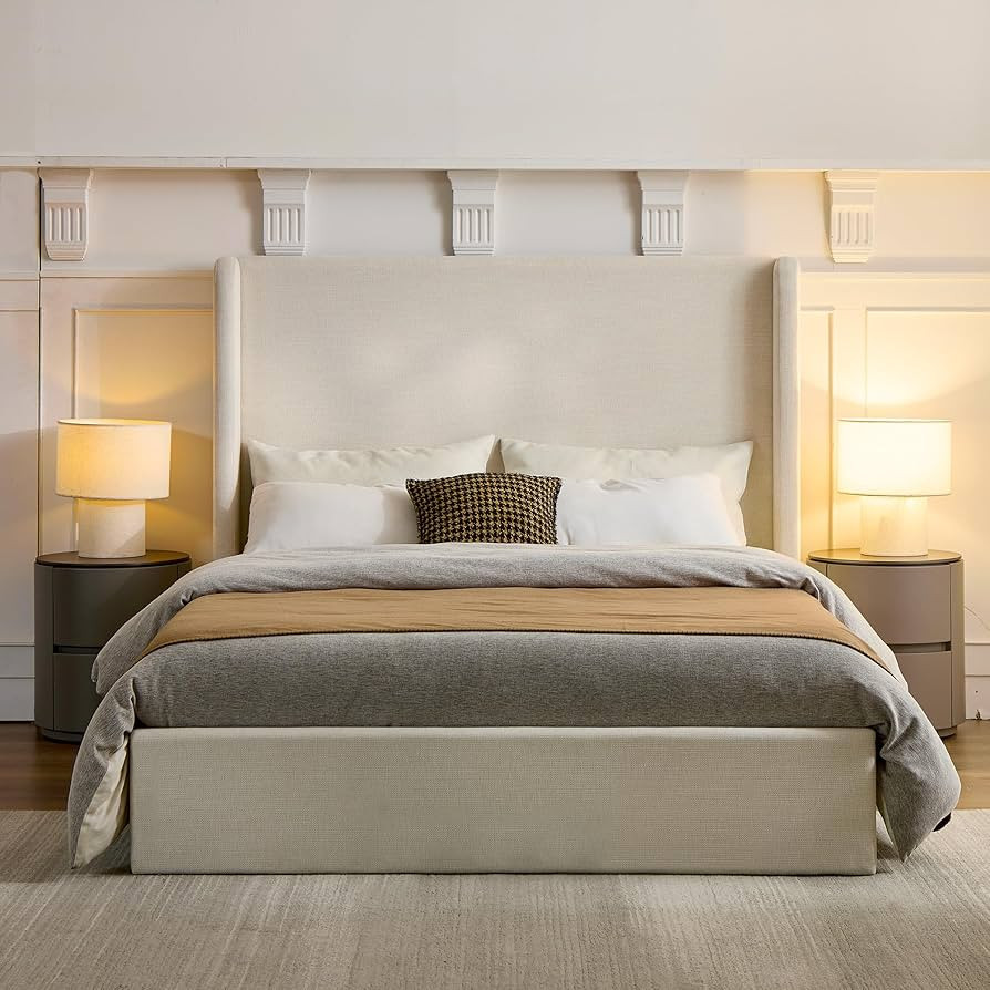 Queen Size Upholstered Platform Bed Frame, 54" High Headboard Carmen Wingback Bed, Fully Upholste... | Amazon (US)