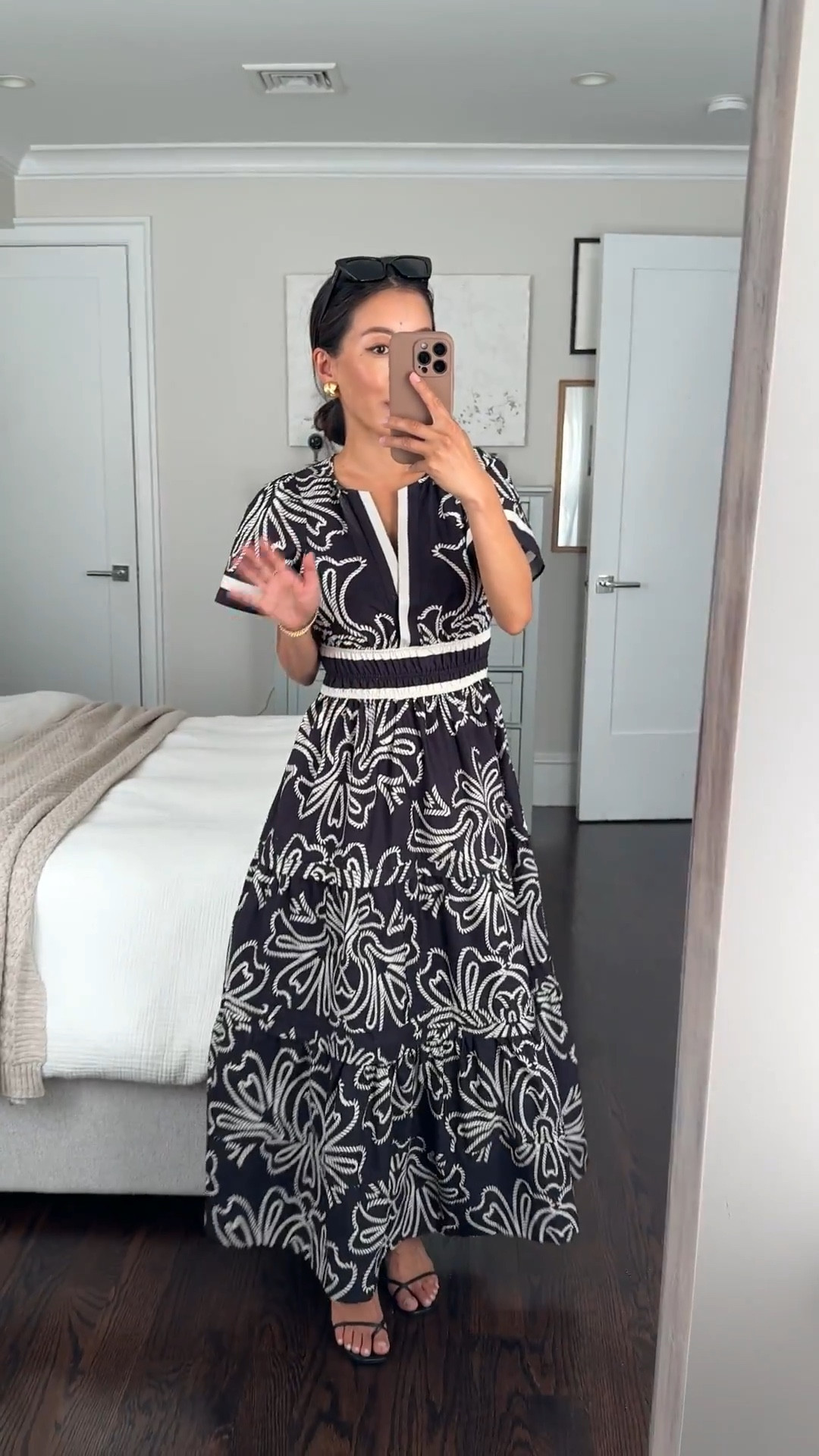 Anthro sale: $50 off or more on their signature somerset dress! Tons of prints and shorter length too 

• trying on somerset maxi dress xxs petite - lightweight cotton and has pockets, I am able to wear flats with petite sizing

Stretch higher waist is maternity friendly too 

• Reformation Gigi minimal strappy sandals 5.5

• BP sunglassess

Fall wedding guest dress, special events dress, black and white 

#LTKPetite #LTKParties #LTKSaleAlert