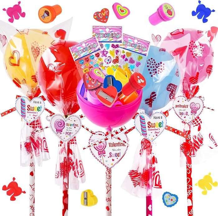 240pcs Stationery Set Valentines Day Gifts for Kids Classroom Exchange with Giant Lollipop, 24 Pa... | Amazon (US)