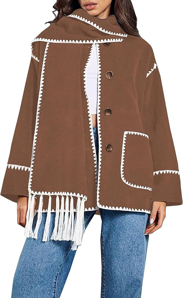 Angashion Women's Embroidered Scarf Jacket - Oversized Button Down Woolen Long Sleeve Causal Wint... | Amazon (US)