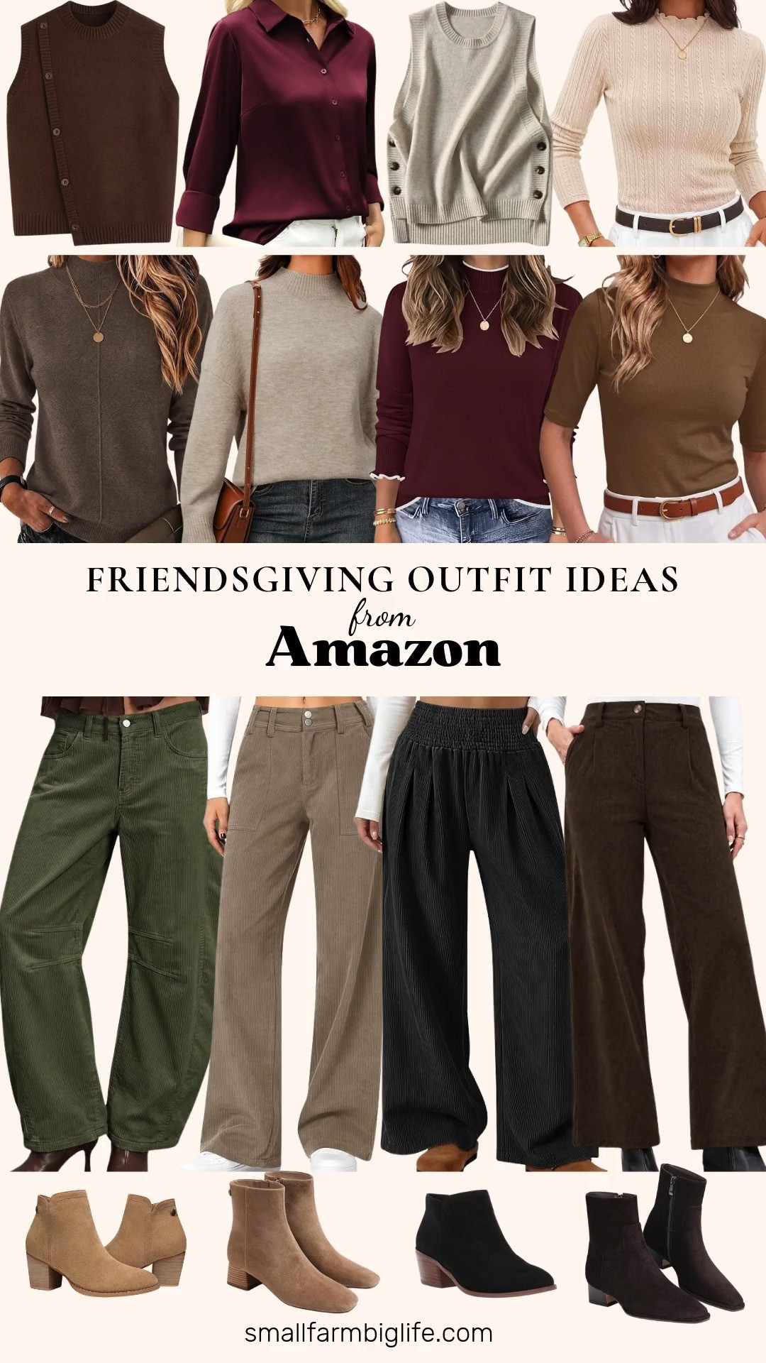 🍂 Friendsgiving Outfit Ideas From Amazon

These Friendsgiving outfit ideas start with comfy corduroy pants and a soft mock neck sweater, so you'll be cozy enough for a long dinner with friends and polished enough for photos. For corduroy wide leg pants, choose army green barrel pants, coffee straight leg pants with an elastic waist, light taupe flare wide leg pants, or black palazzo pants with pockets. On top, pick a mock neck in coffee heather or oatmeal heather wool blend, a wine red knit with white edging and ruffled sleeves, a fitted beige long sleeve mock neck, or a brown ribbed short sleeve top. Layer a sweater vest over a long sleeve top for an easy fall look, like a brown wrap sweater vest or a beige ribbed knit vest. For something dressier, wear a wine red satin button down blouse. Finish with suede ankle boots with a low block heel in taupe, chocolate, or tan, or classic black ankle boots with a stacked heel. These relaxed, cozy layers make comfortable fall outfits for women over 50, and they're just as easy to wear for Thanksgiving, date night, and weekend plans all season.

#amazonfashion #amazonfinds #friendsgiving #corduroypants #falloutfits 

 #LTKootd #LTKOver40 #LTKWorkwear
