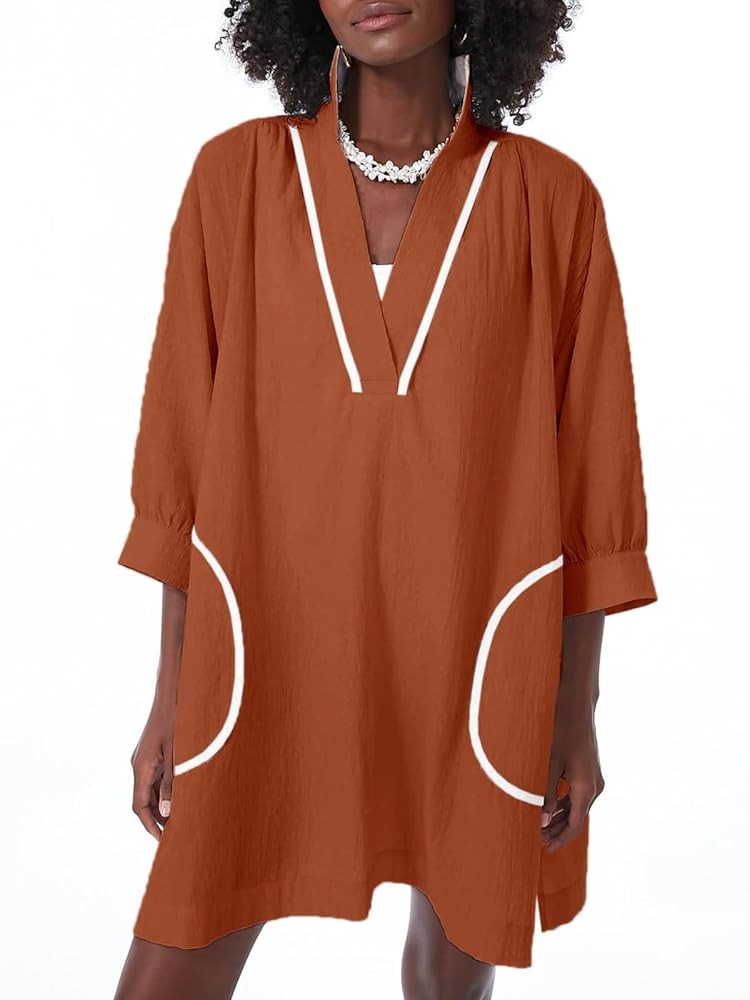 Saodimallsu Womens V Neck Swimsuit Coverup 3/4 Sleeve Color Block Oversized Cover ups Beach Mini ... | Amazon (US)