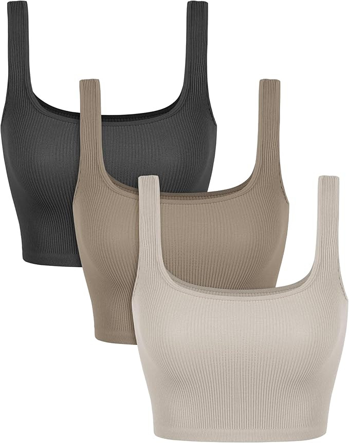 ODODOS 3-Pack Seamless Square Neck Crop Tank for Women Ribbed Knit Soft Low Back Cropped Tops | Amazon (US)
