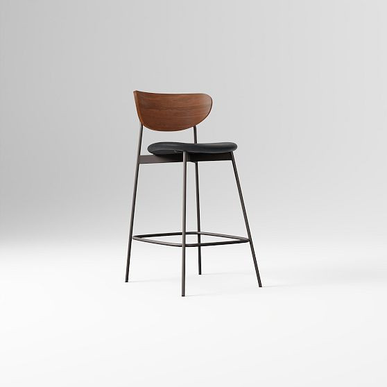 Modern Petal Wood/Upholstered Counter Stool, Ludlow Leather Black, Dark Bronze/Dark Walnut | West Elm (US)