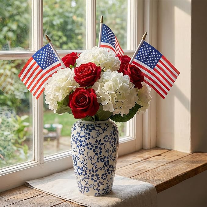 9 Pcs Patriotic Table Centerpiece 4th of July Artificial Flowers with Ceramic Vase and American F... | Amazon (US)