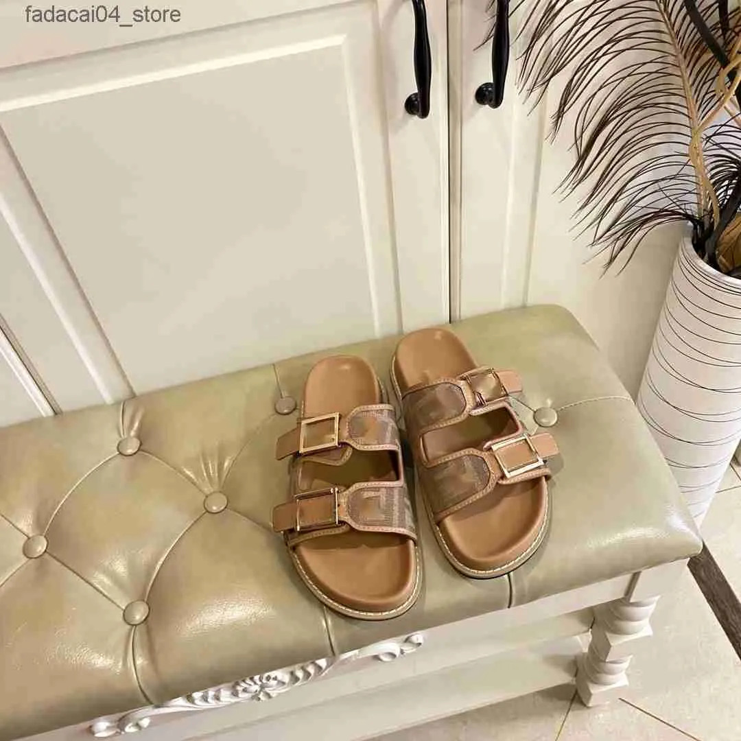 Slippers 2022ss pair with flat slippers and a decorative buckle. Light brown leather edges. Gold-... | DHGate