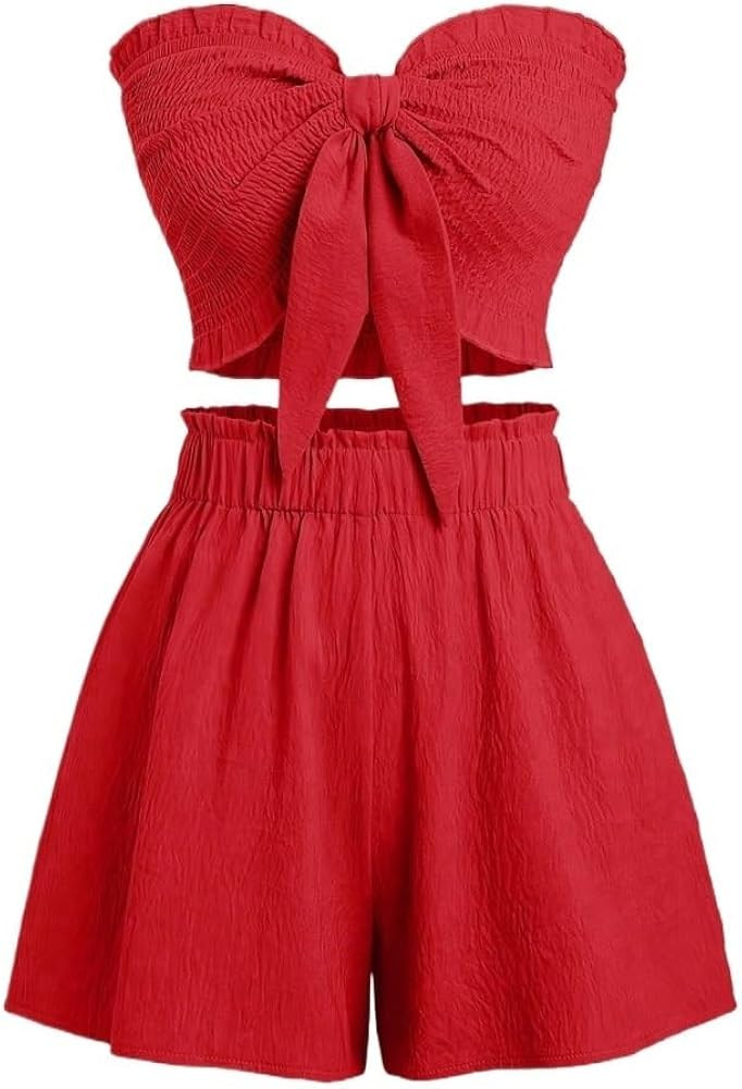Womens 2 Piece Shorts Sets Summer 2025 Trendy Strapless Solid Color Top And Shorts Set | Amazon (US)