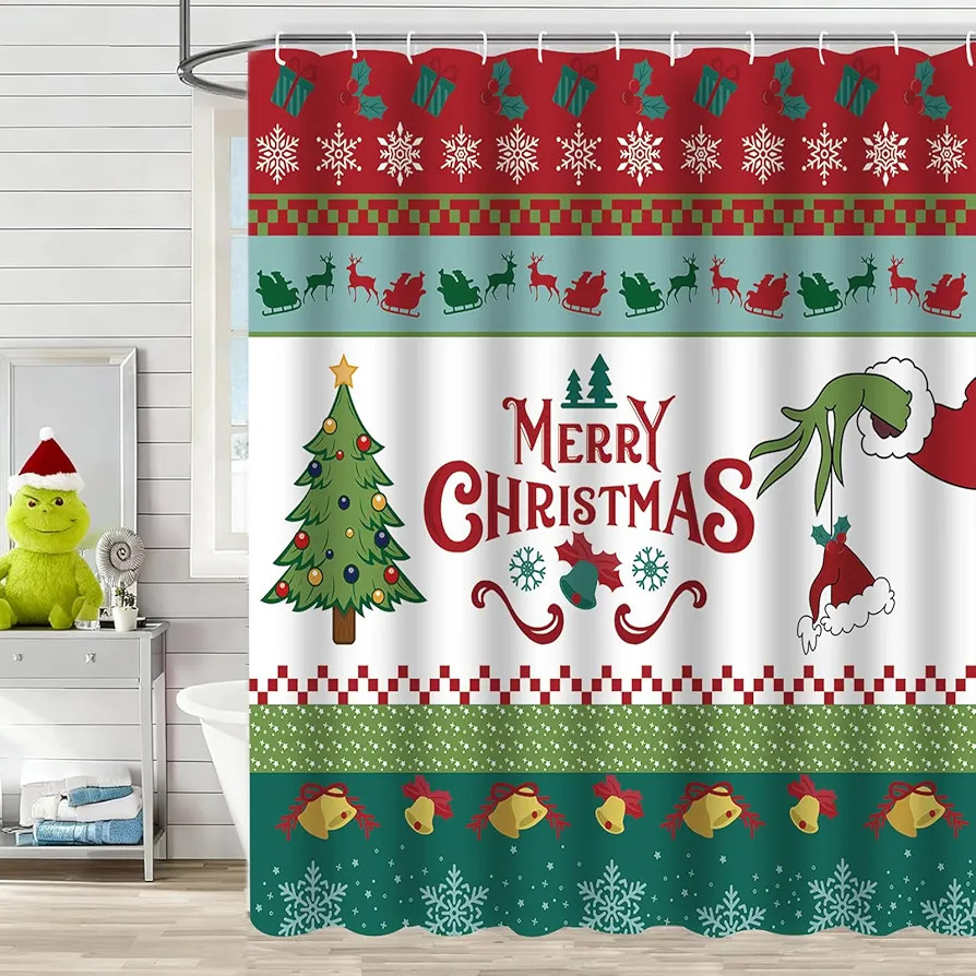Merry Christmas Grinch Shower Curtain Xmas Tree Santa Hat Snowflake Red Green Winter Holiday Bath... | Amazon (US)
