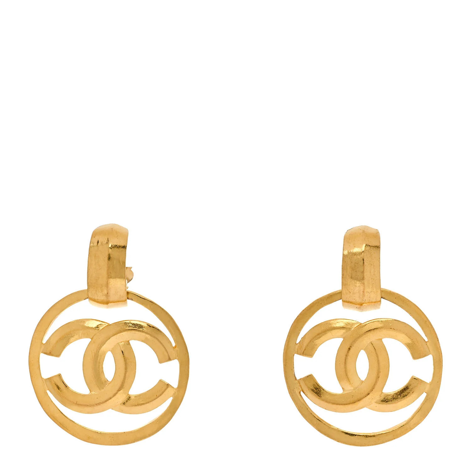 Metal Round CC Drop Clip On Earrings Gold | FASHIONPHILE (US)