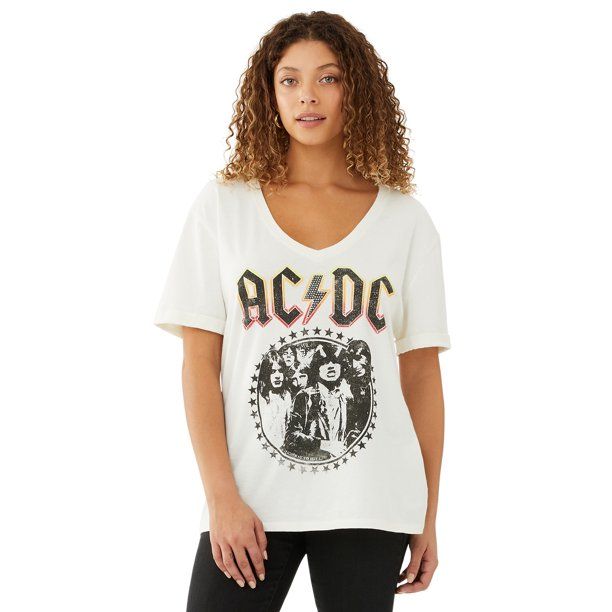 Scoop Women’s AC/DC V-Neck Boyfriend Graphic T-Shirt | Walmart (US)