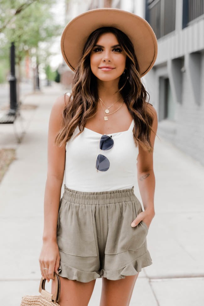 My Next Adventure Olive Ruffle Pull On Shorts | Pink Lily