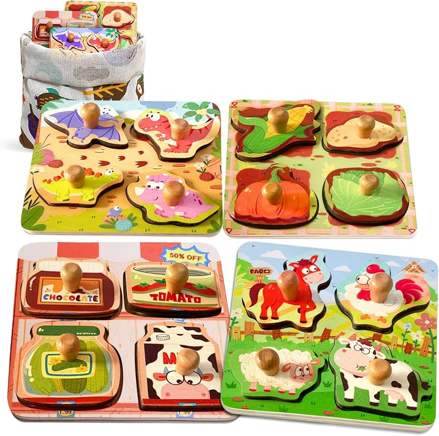 Zeoddler Wooden Puzzles for Toddlers, 4 Pcs Peg Puzzles for Kids 2-4, Preschool Learning Puzzles ... | Amazon (US)