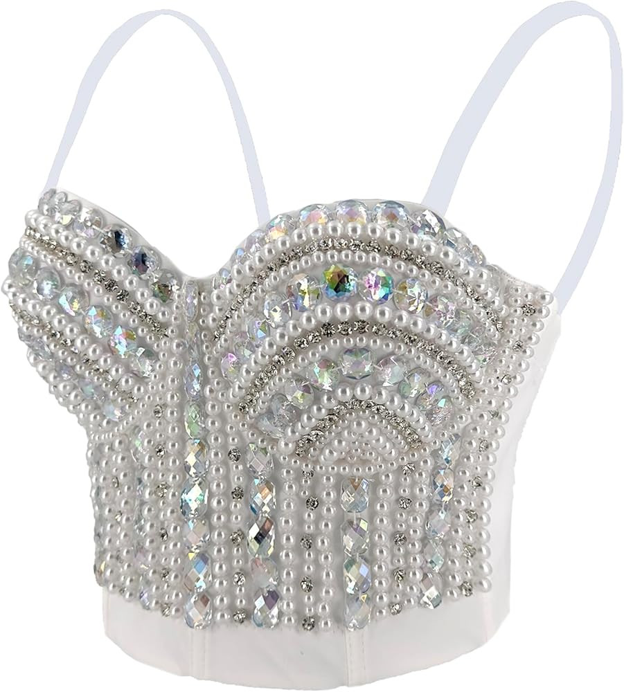 Women's Diamond Pearl Rhinestone Bustier Crop Top Sexy Corset Top Tube White | Amazon (US)