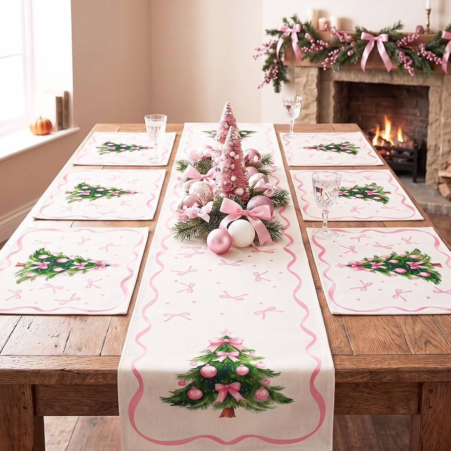 Tudomro 7 Pcs Pink Bow Coquette Christmas Table Runner and Placemats Set | Amazon (US)
