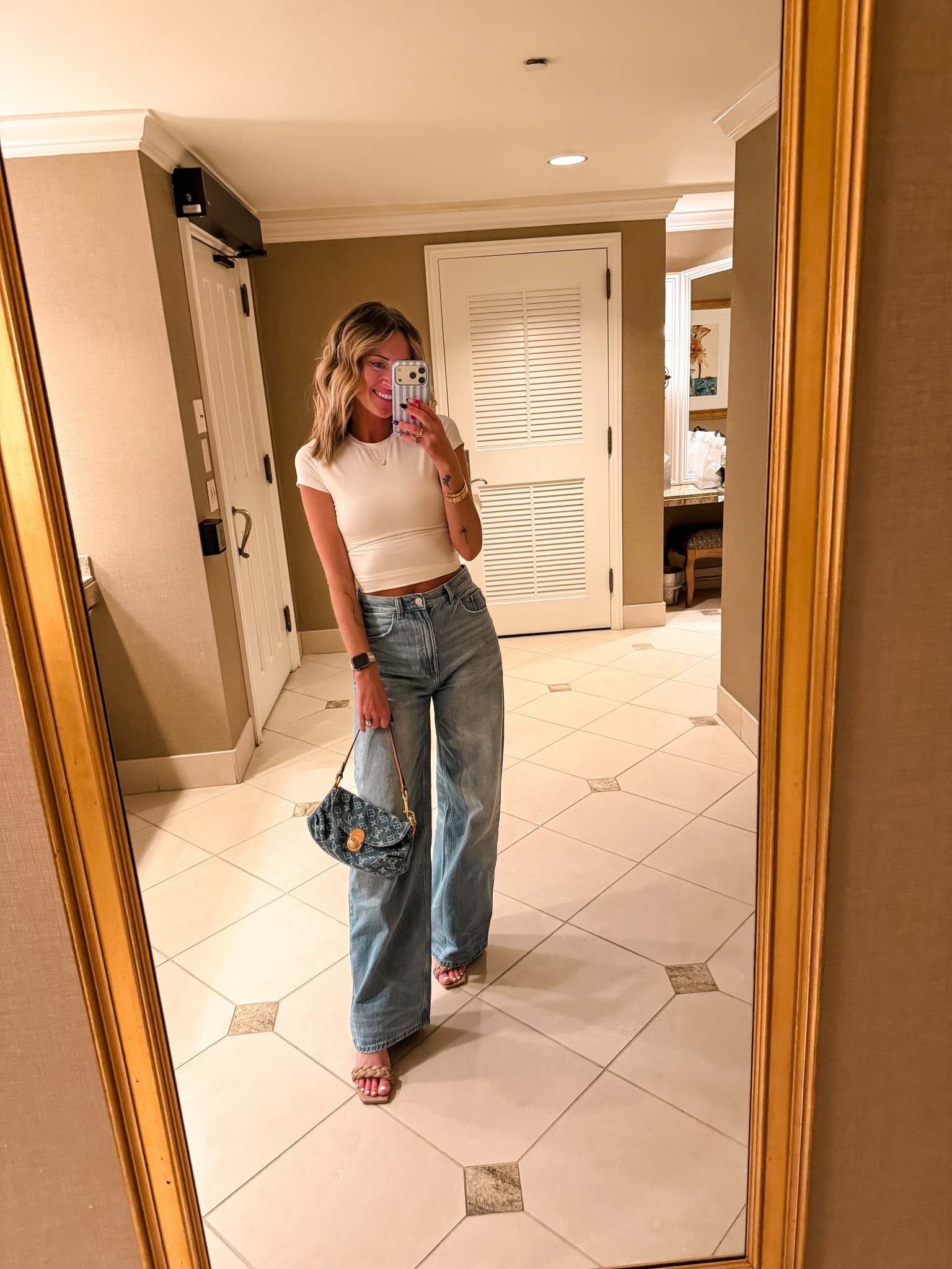 Outfit for lunch with the girls 
Zara denim and vintage y2k style Louis Vuitton mini bag 