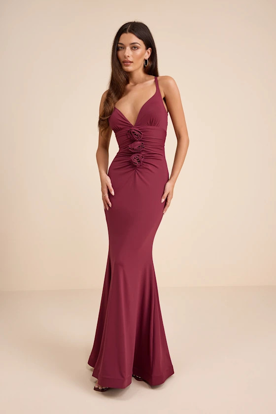 Dinah Wine Red Slinky Knit Rosette Maxi Dress | black tie dress | black tie wedding  | Lulus
