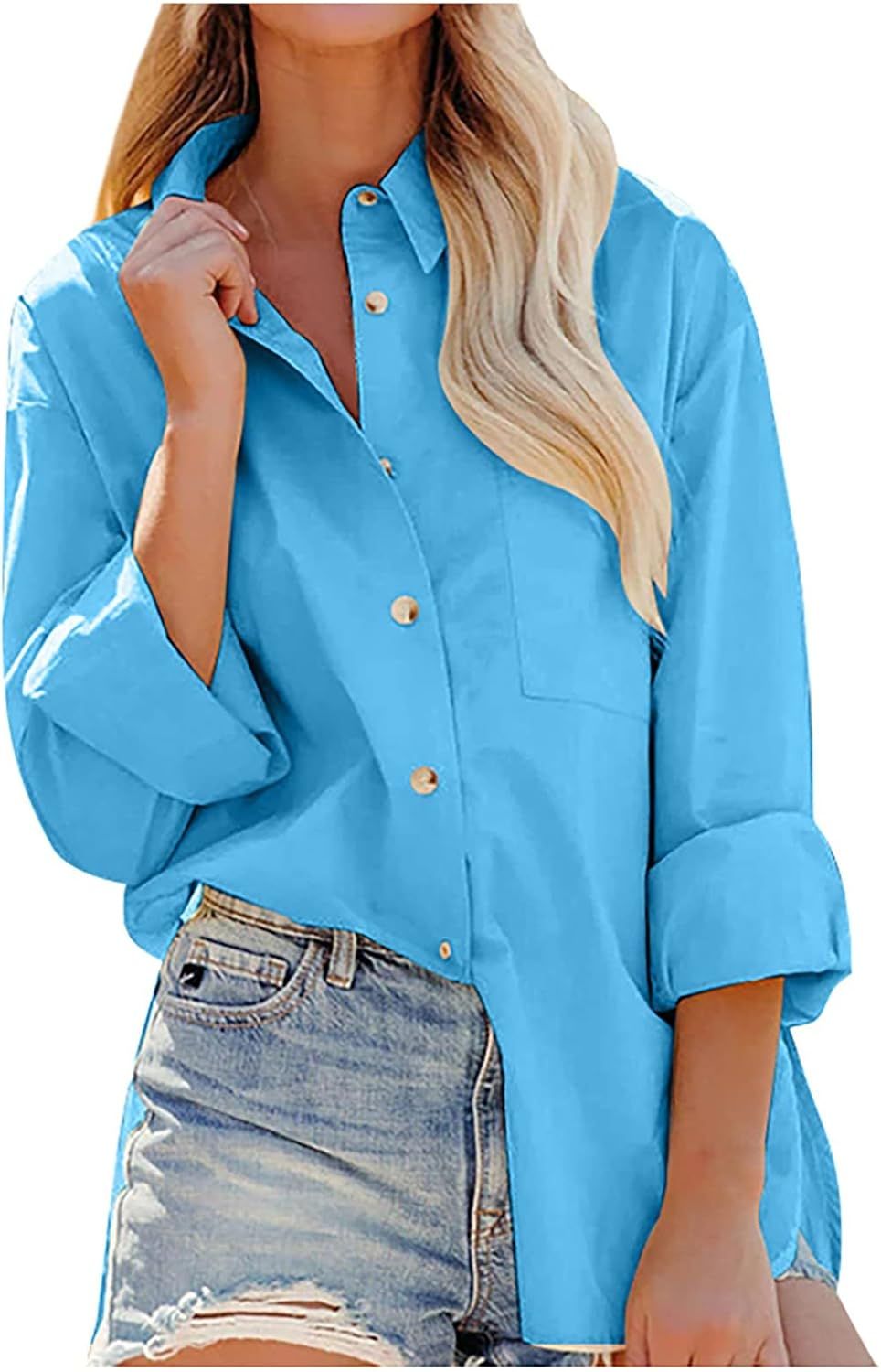 Women's Dress Shirts Fashion Casual Solid Color Long Sleeve Loose Button Shirt Top Oversized Shir... | Amazon (US)