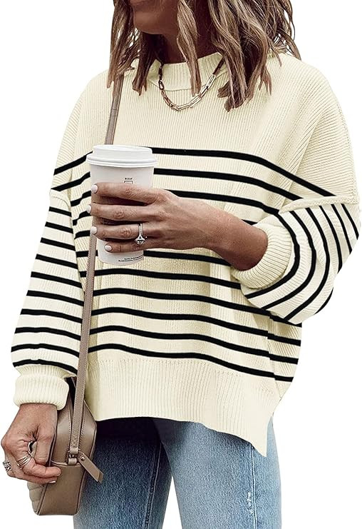 Women's Oversized Crewneck Sweaters Batwing Long Sleeve Side Slit Ribbed Knit Pullover Sweater To... | Amazon (US)