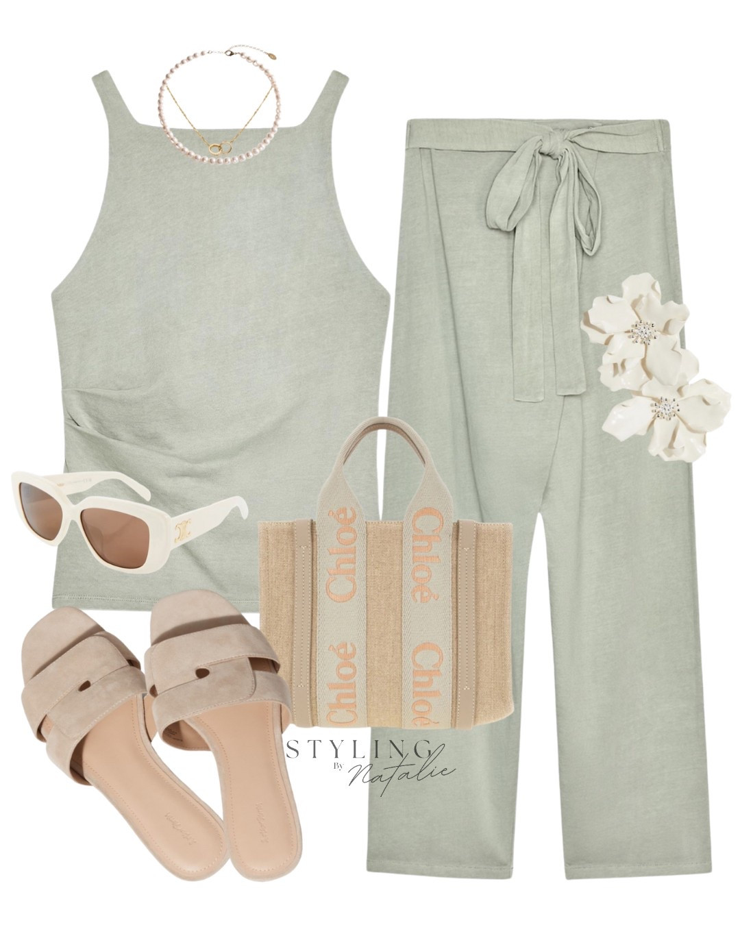 Summer co ord set, sage green pareo trousers and matching pleated top, Chloe tote bag, sandals, celine sunglasses, pearl necklace and flower earrings. Coord, zara, holiday outfit, vacation look.

#LTKsummer #LTKuk #LTKmidsize