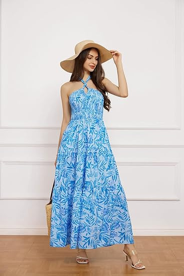 GRACE KARIN Women's Summer Dresses 2024 Halter Neck Sleeveless Smocked Backless Cut Out Floral Fl... | Amazon (US)