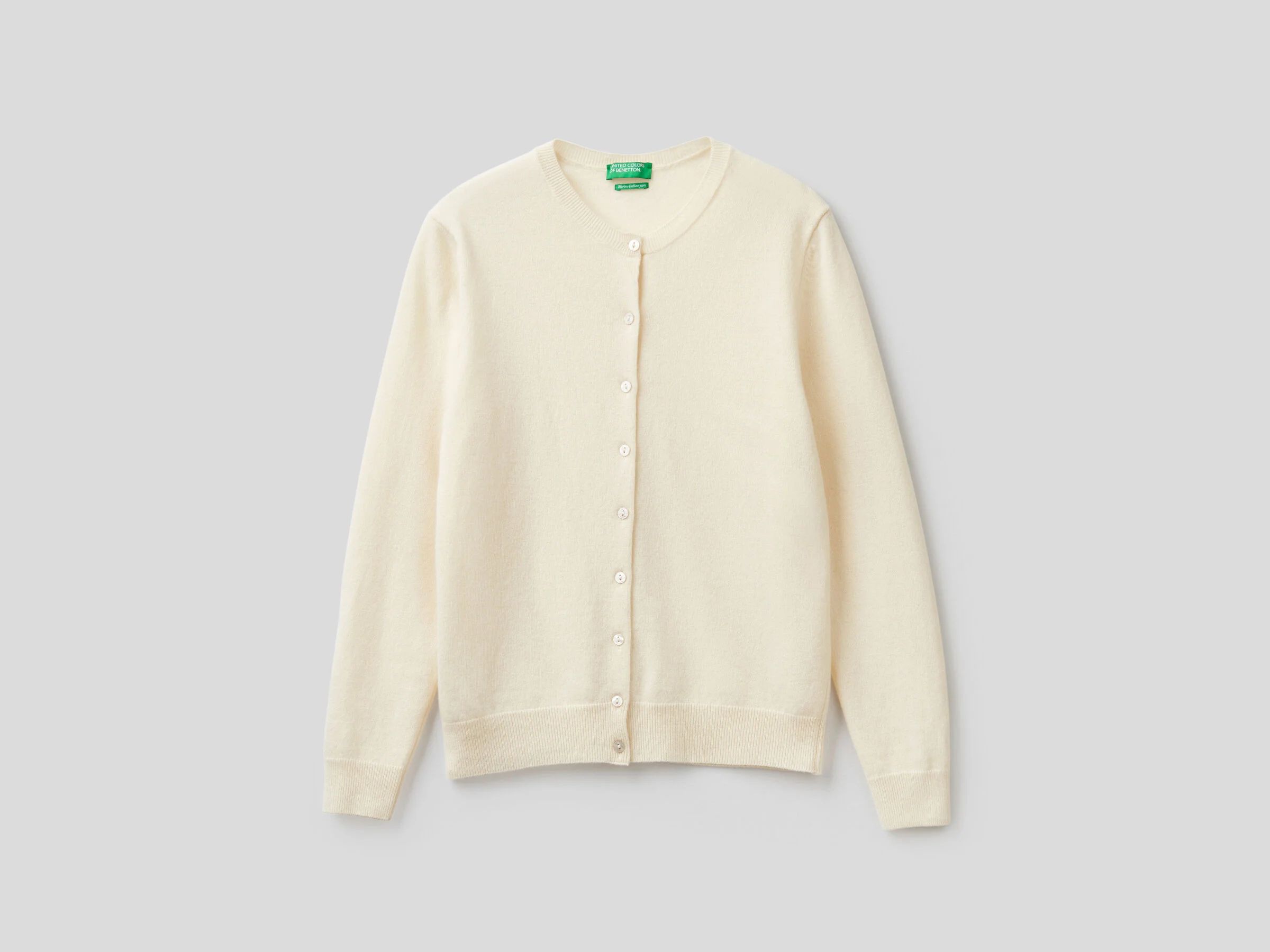 Cream crew neck cardigan in pure Merino wool | Benetton (EU)