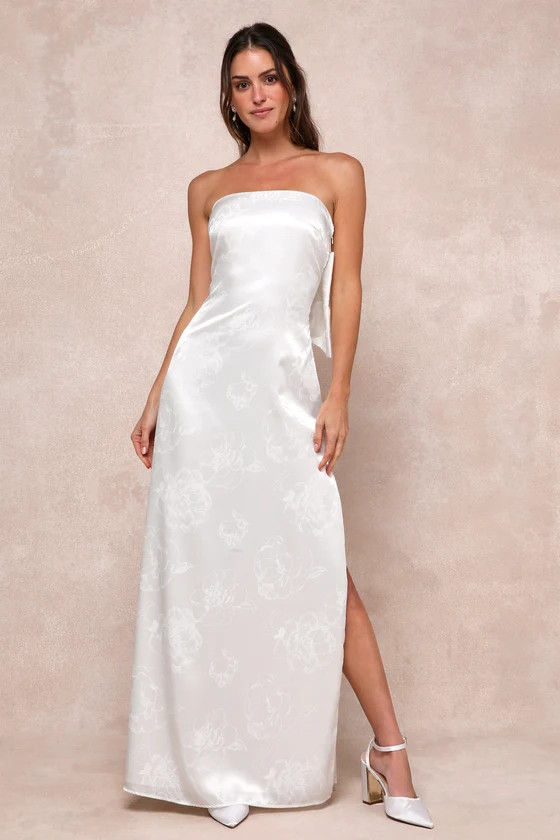 Avid Elegance Ivory Satin Jacquard Strapless Bow Maxi Dress | Lulus