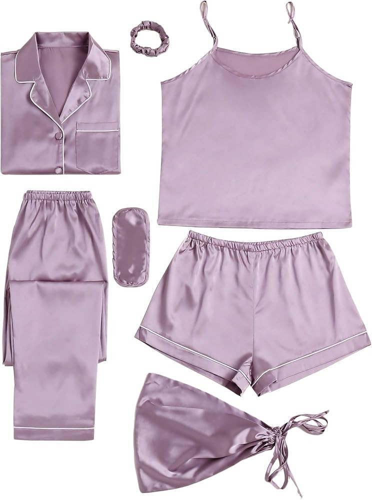 LYANER Women's Pajamas Set 7pcs Silk Satin Sleepwear Loungewear Cami Shirt Pj Set | Amazon (US)