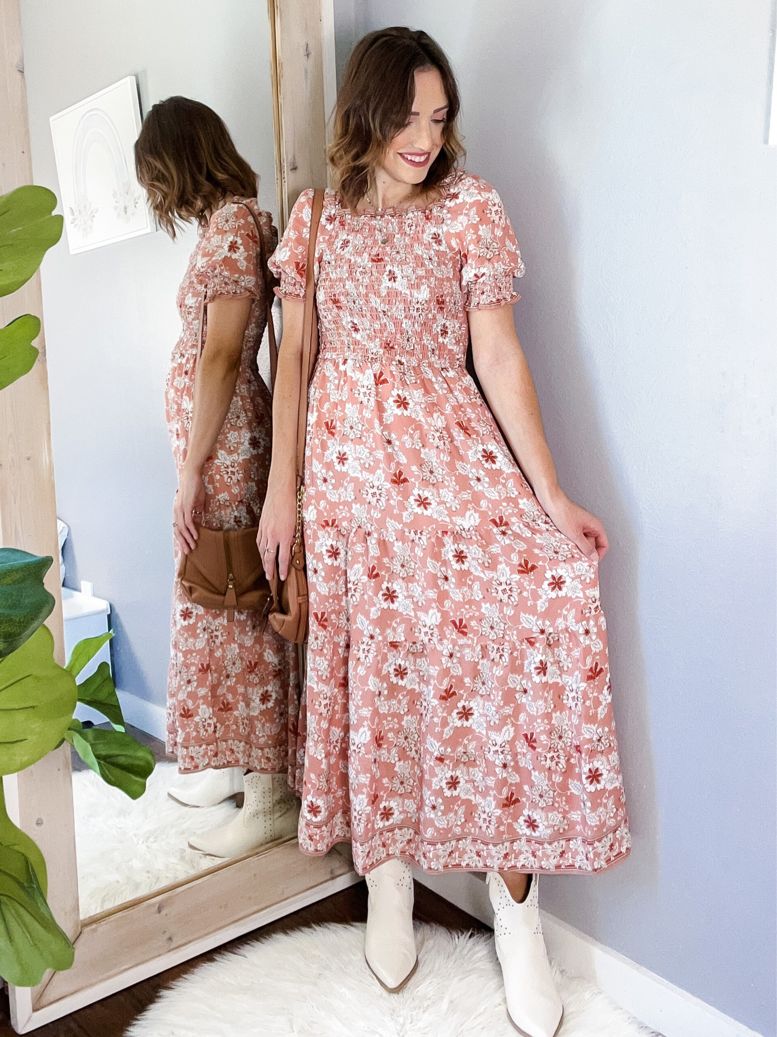 Pink Floral Dress - wearing S, TTS
White western booties - TTS
Brown crossbody purse - linked similar

Modest outfits, maxi dress, pink dress, smocked dress, amazon prime outfits, target boots, white boots, wedding guest dress, teacher outfit 

#LTKunder50 #LTKwedding #LTKshoecrush
