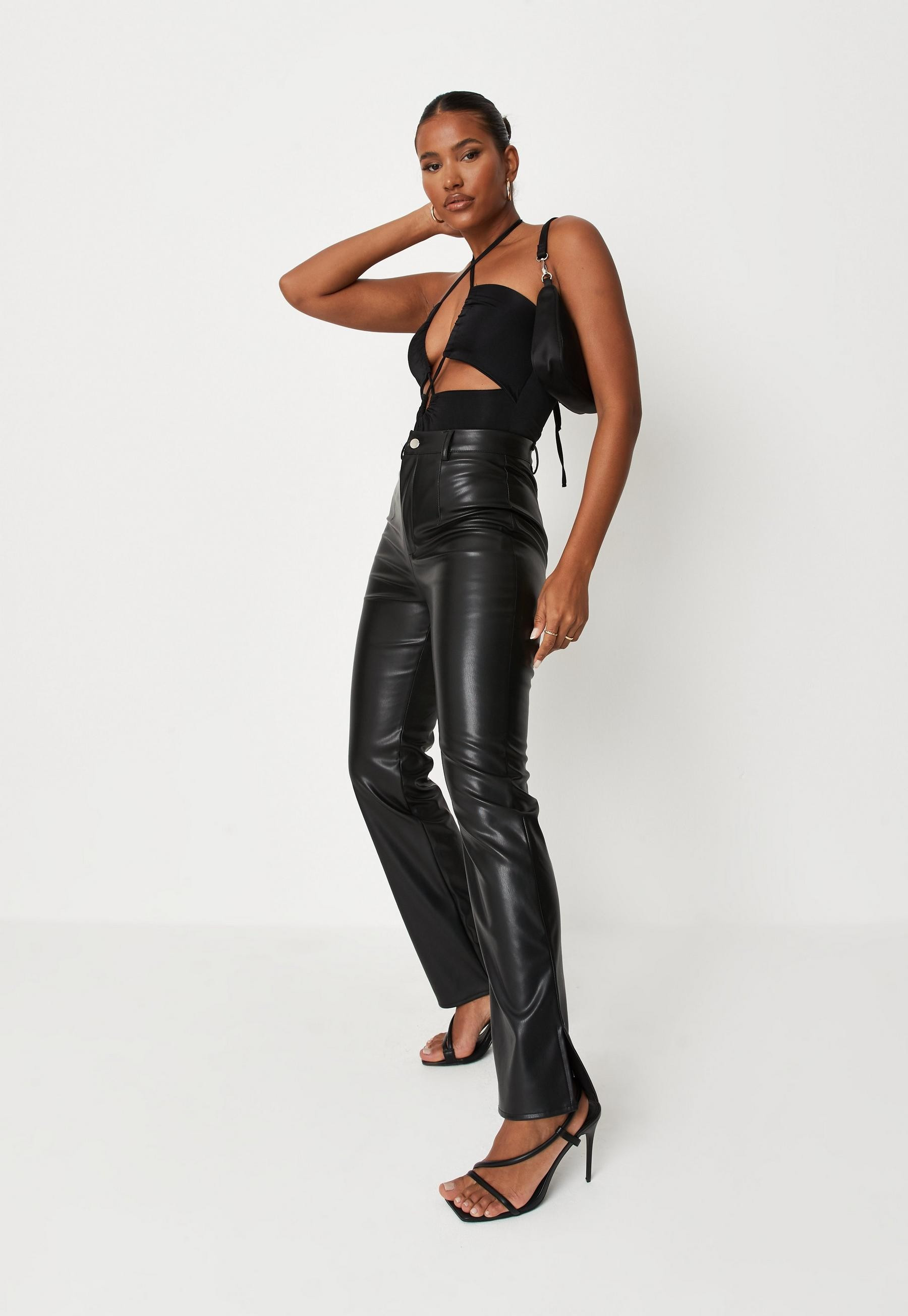 Missguided - Black Faux Leather Split Hem Straight Leg Pants | Missguided (US & CA)