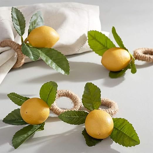 wonlex Handmade Napkin Rings Set of 4, Yellow Faux Lemon with Vine Napkin Ring for Wedding, Dinne... | Amazon (US)