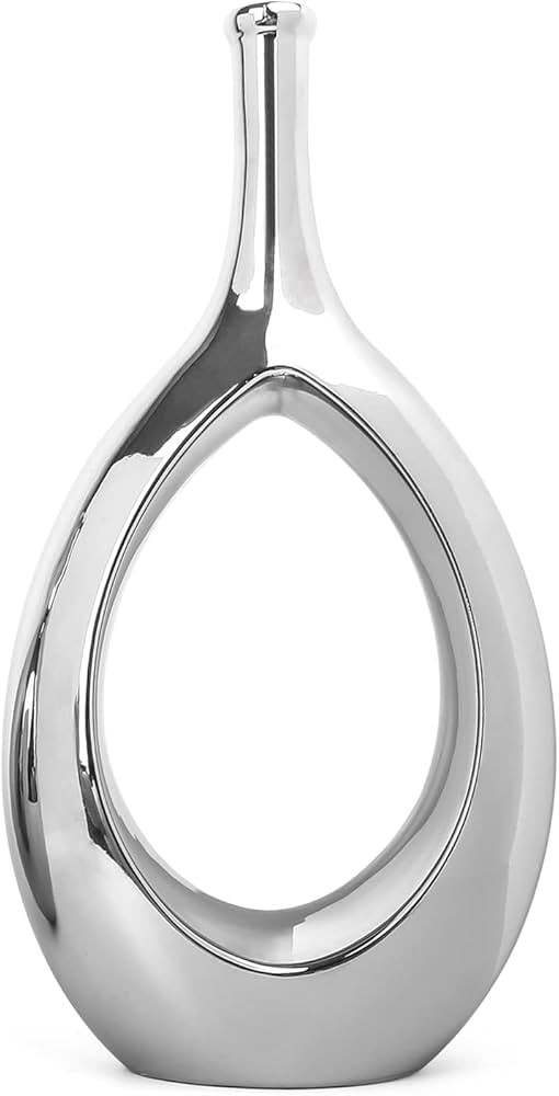 Samawi 12" Silver Vase Ceramic Vase Silver Decor Flower Vase Decorative Vase Silver Vases for Dec... | Amazon (US)