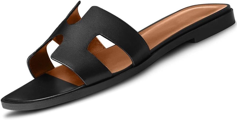 Women's Flat Sandals H-Band Slides Comfortable Slip On Leather Slide Sandals Sandals for Women Su... | Amazon (US)