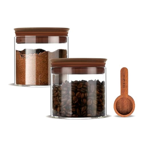 BOILMERIT 17 oz Coffee Canister with Scoop and Wooden Lids, Airtight Glass Coffee Beans Storage Container Sets of 2 for Ground Coffee,Food Storge Jars for Ground Coffee Bar Cereal Snack | Amazon (US)