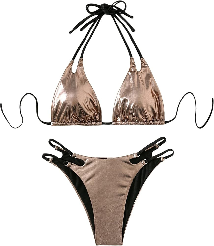 SHENHE Women's 2 Piece Bikini Set Metallic Cut Out Tie Backless Halter Triangle Bikini Swimsuit | Amazon (US)
