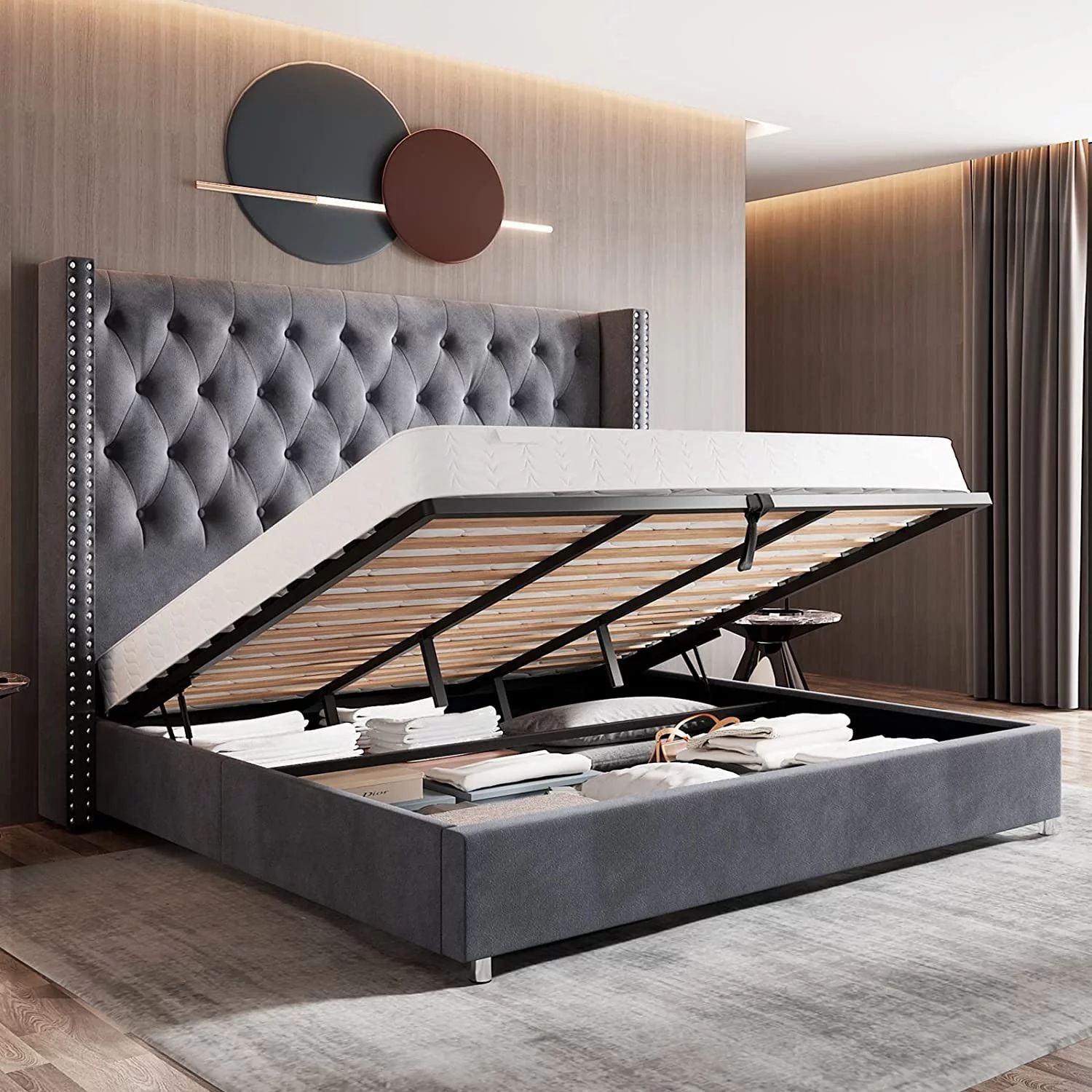 Jocisland King Size Beds Lift Up Storage Upholstered Bed Frame Wingback Headboard Hydraulic Stora... | Walmart (US)