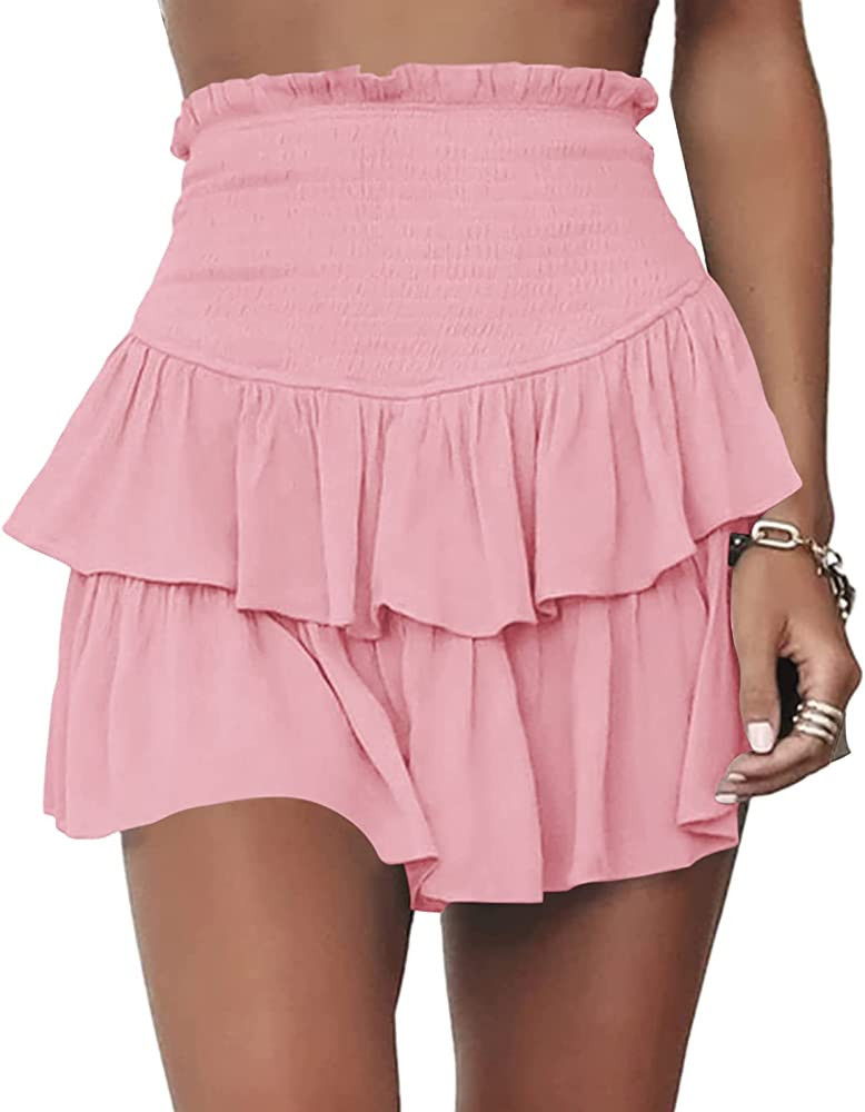 Meikulo Women Smocked Ruffle Mini Skirts Summer High Waisted Tiered Short Skirt with Shorts Under... | Amazon (US)