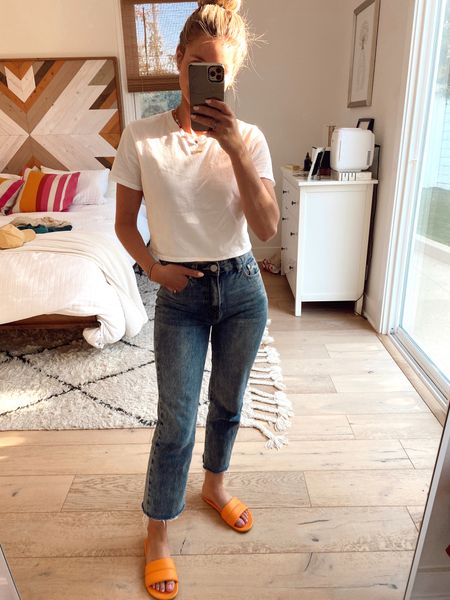 Casual spring outfit with a white cropped tee and orange Beek sandals  

#LTKSeasonal #LTKstyletip #LTKshoecrush