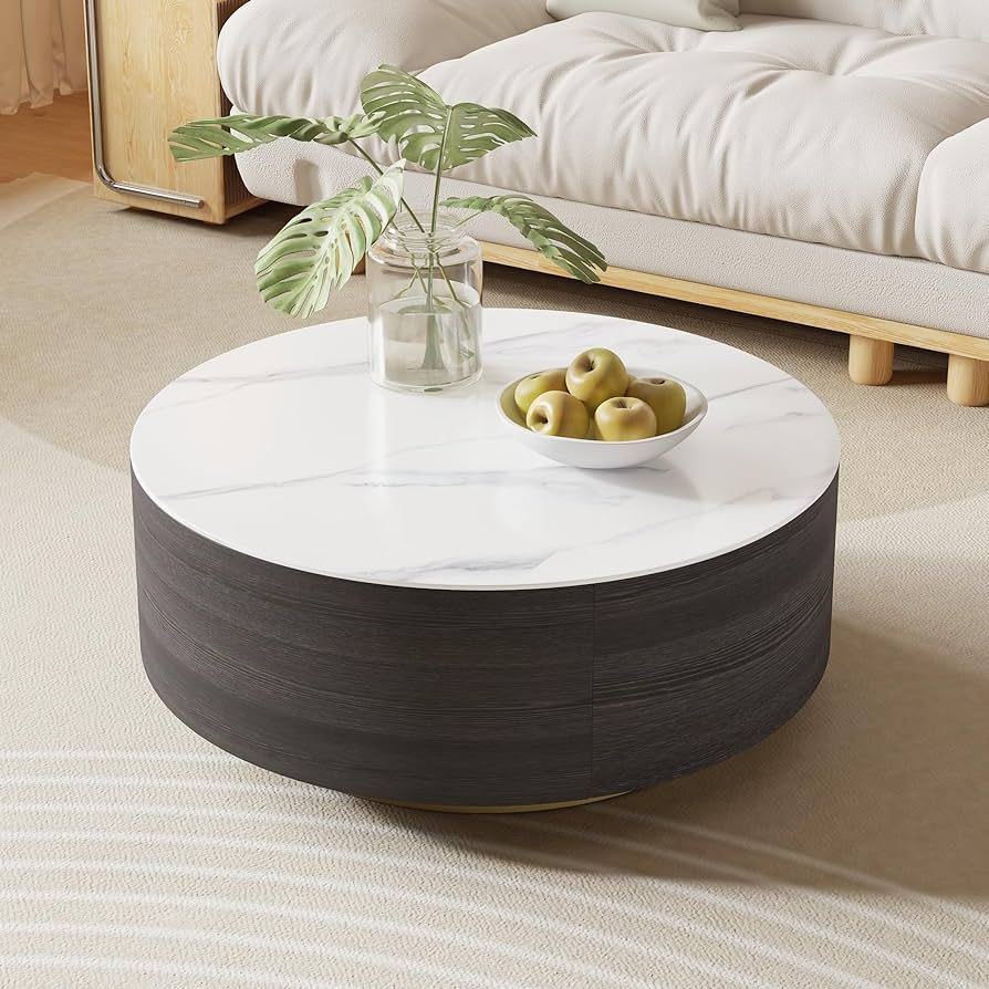 Modern Round Marble Coffee Table with Drawers, White Sintered Stone Drum Coffee Table with Storag... | Amazon (US)
