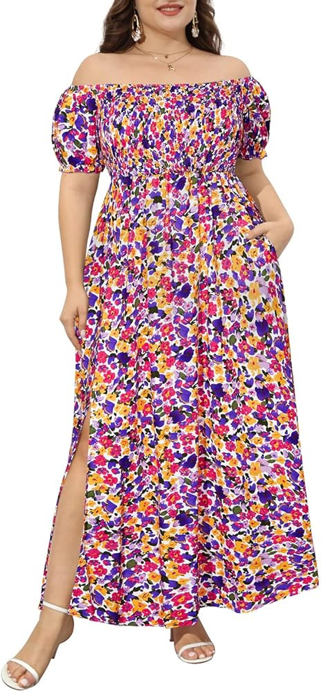 Women's Boho Dress Plus Size Floral Print Off Shoulder Shirred Split Summer Maxi Long Dress | Amazon (US)