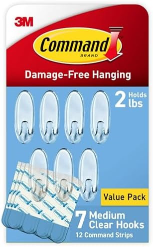 Command Medium Clear Wall Hooks, 7 Wall Hooks and 12 Command Strips, Damage-Free Hanging with Adh... | Amazon (US)