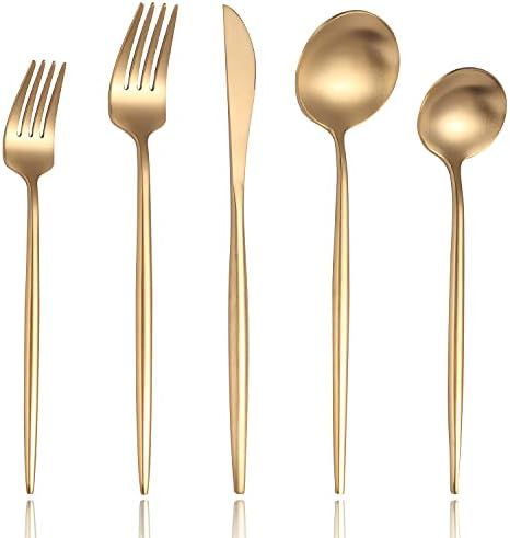 Lemeya Matte Gold Modern Silverware Set,18/10 Stainless Steel Flatware Set,20-Piece Cutlery Set Serv | Amazon (US)