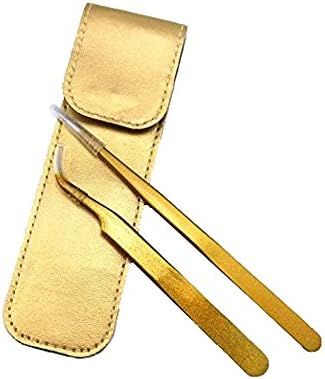 yueton 2pcs Gold Color Coated Stainless Steel Straight and Curved Head Tweezers with Leather Case fo | Amazon (US)