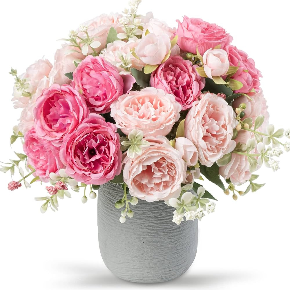 Artificial Peonies Silk Flowers, Pink Faux Peony Bouquet 4 Bundles Florals Arrangements Decor for... | Amazon (US)