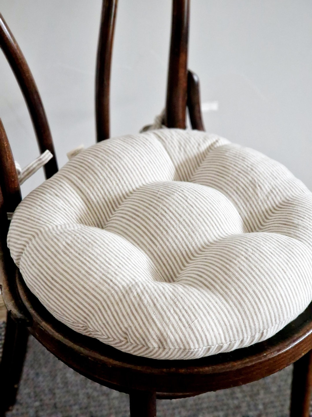 Round Linen Chair Pad With Ties - Striped Custom Seat Pad - Natural Chair Pillow - Chair Cushion ... | Etsy (US)