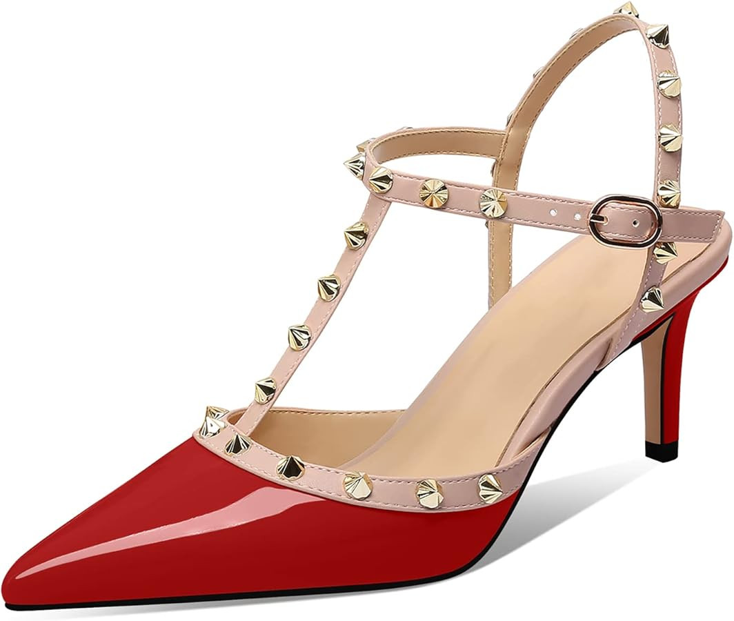 XINIUNIU Studded Heels for Women Kitten Heels with Studs Stiletto Sandals with Rivet Ankle Strap ... | Amazon (US)