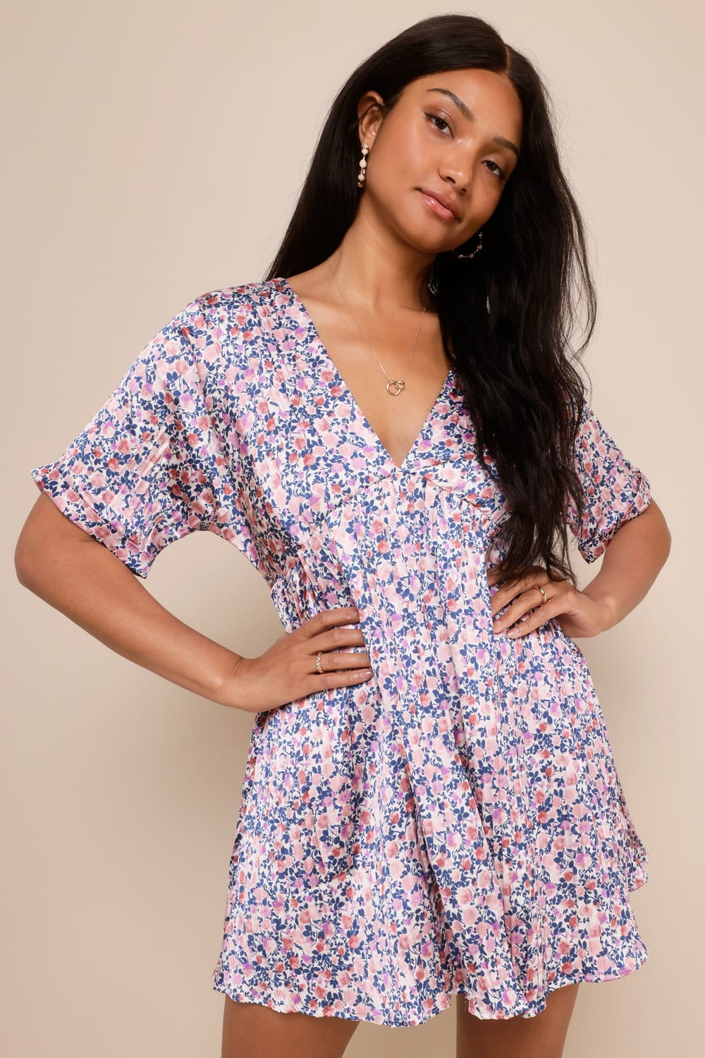 Express Yourself Blush Pink Floral Print Satin Babydoll Dress | Lulus